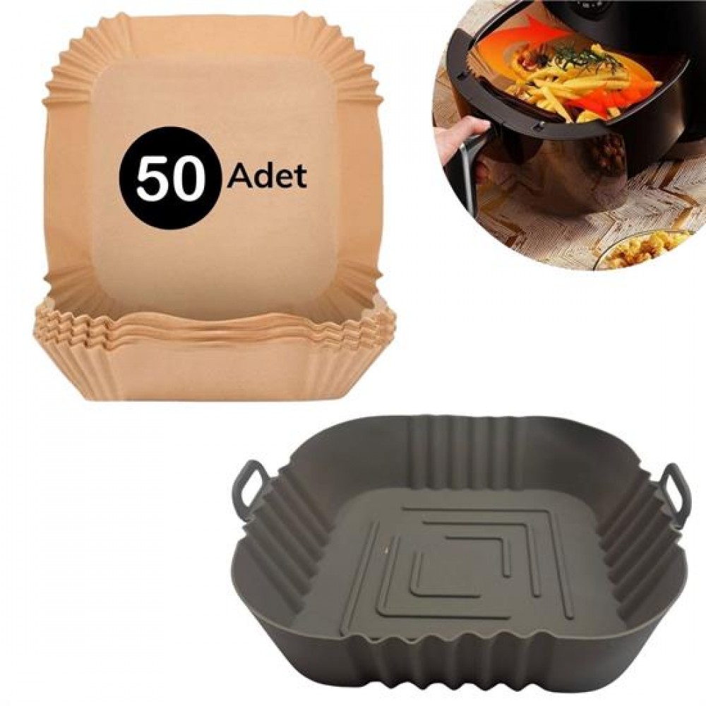 Gri Kare Pişirme Matı 20 Cm Ve 50 Adet Tek Kullanımlık Kare Tabak Model Pişirme Kağıdı