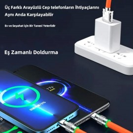 3 in 1 Type-C + Micro Usb + Lightning Hızlı Şarj Kablosu Silikon Kablo 1 Metre